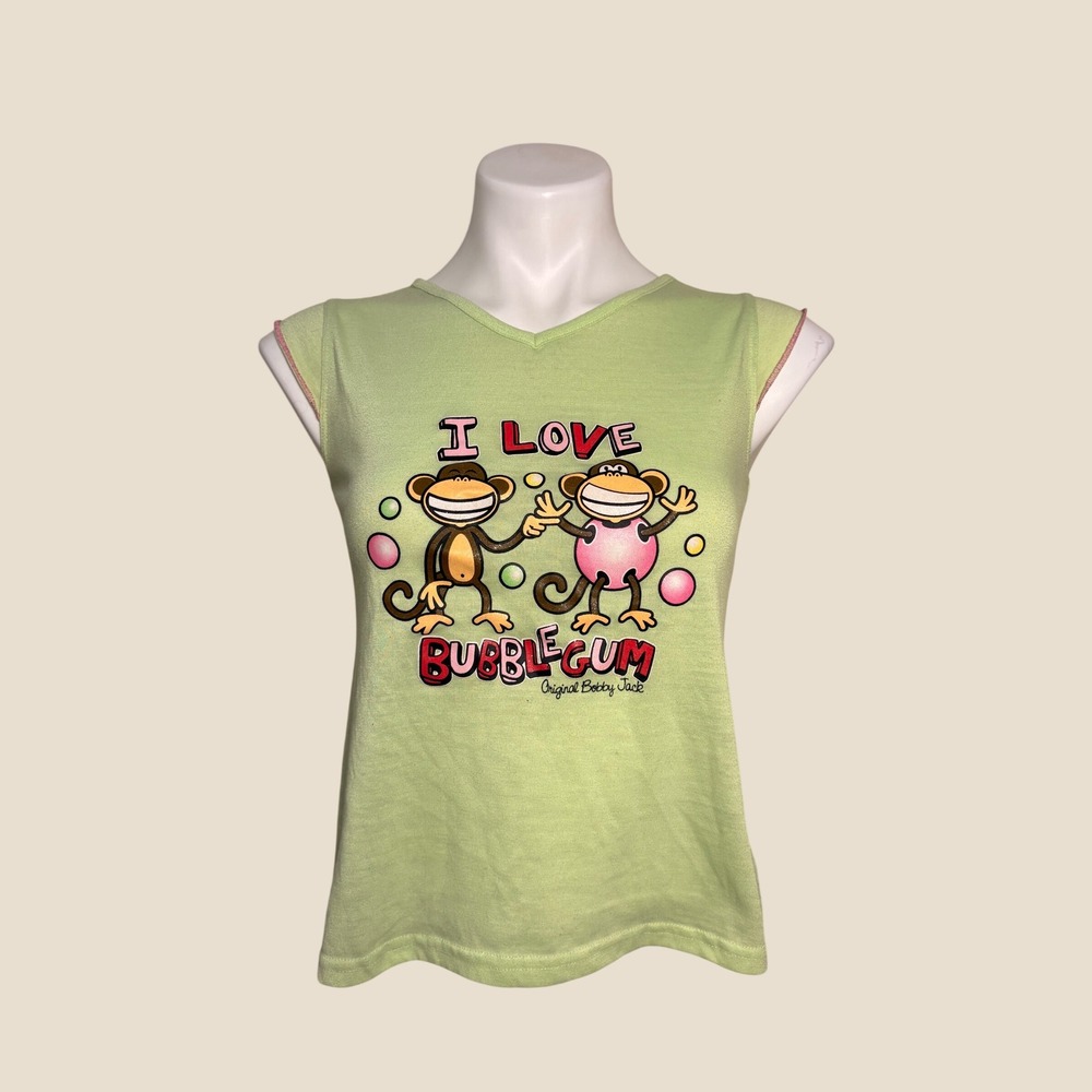 Y2K Bobby Jack I Love Bubblegum Tank Top Green V-Neck Baby Tee #14